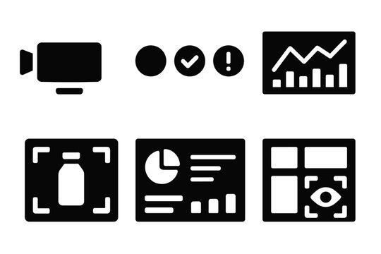 Machine Vision Icons. Machine vision dashboard. Filled icon set of Machine vision dashboard: camera feed,