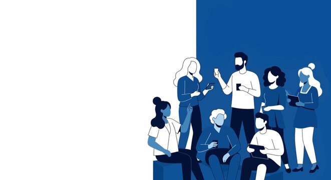 An illustration of a diverse group of people using various digital devices like smartphones and tablets, depicting modern social interaction and technology.