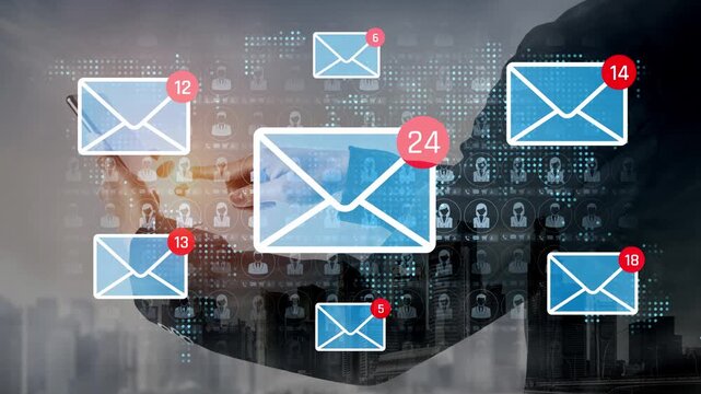 Digital communication concept with mail notifications and user icons representing email management and interaction in a modern technology environment Sigmoid