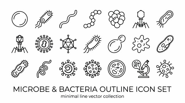 Microbe and bacteria outline icon set, minimal line vector collection of 21 microbiology symbols, scientific virus and pathogen illustrations isolated PNG with Transparent Background
