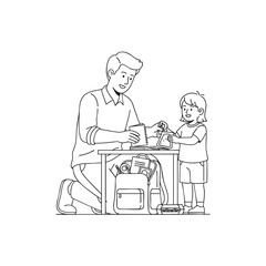 Fototapeta premium Father and child packing school backpack black and white line art