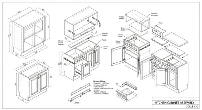 Detailed assembly instructions for a kitchen cabinet, showcasing all components and their placement for a clear understanding of the construction process