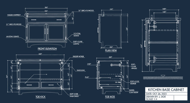 Comprehensive blueprint design showcasing the precise engineering and dimensional specifications for a modern kitchen base cabinet, complete with multi-angle elevations for construction guidance