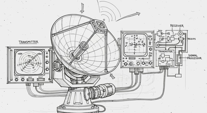 Blueprint-style technical drawing of a modern radar system, illustrating its parabolic antenna, signal transmission, reception, processing units, and operator display screens