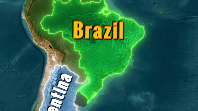 South America map zoom animation showing borders of Argentina Brazil and Uruguay