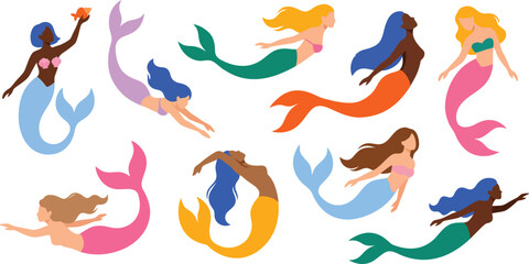 Fototapeta premium Diverse mermaid hand drawn illustration set. Colorful style sea mermaids cartoon graphic collection. Summer vacation element design.