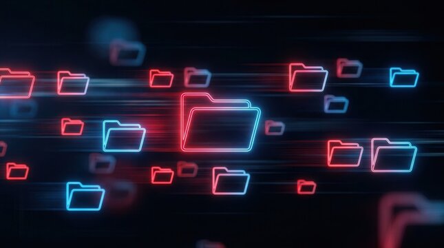 Glowing red and blue digital data folders transferring across a dark virtual network.