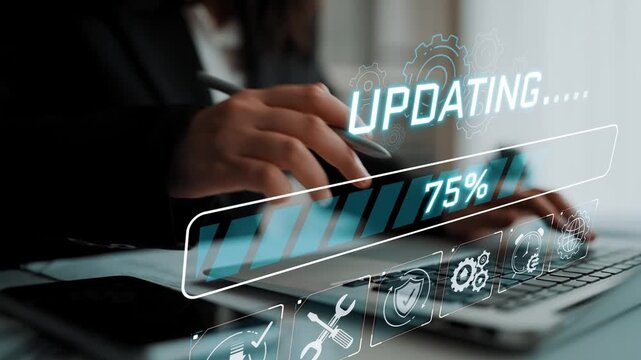 Hands Typing on Keyboard with Digital Overlay of Updating Progress Bar and Icons Representing Technology and Workflow in Modern Office Environment Sigmoid