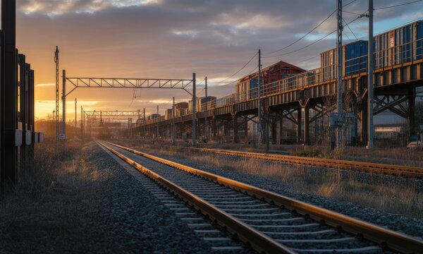Industrial Dawn - Railway Tracks Gleaming Under a Dramatic Sunrise.