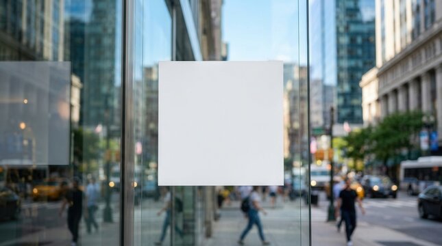 Blank white square sign mockup on a glass shop window.