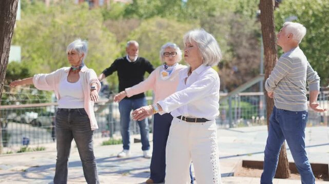 Active senior people doing arm swing exercise while practicing healthy lifestyle in open-air. High quality 4k footage