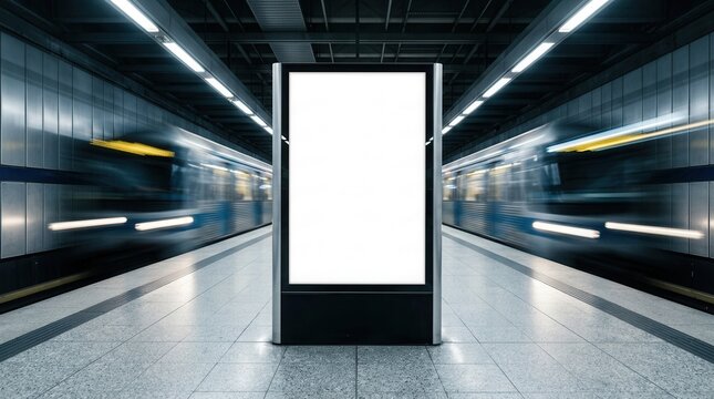 Blank billboard on a subway platform with a blurred train in the background.