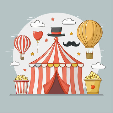 Circus Tent with Hot Air Balloons and Popcorn