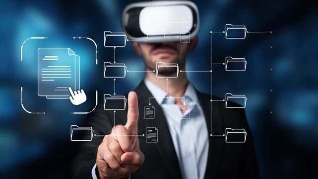 A businessman engages with virtual reality technology to interact with digital documents and data management, showcasing innovation in a modern office environment. Raster