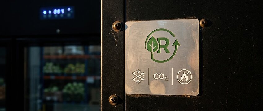 Refrigeration equipment panel with natural refrigerant certification placard for sustainable cold chain, agritech warehousing and professional food storage advertising
