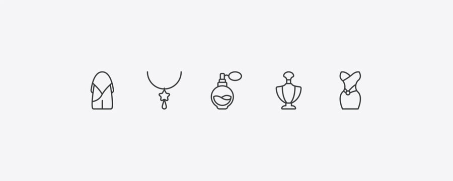 woman clothing outline icon set. thin line hobo shoulder bag, star pendant, perfume bottle, strapless tube dress icons. editable vector