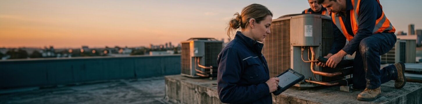 Female site supervisor with tablet coordinating roof crew during air conditioning maintenance for facility management, accessibility trades and hvac service campaigns