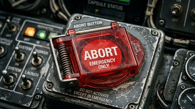 Close-up of an aircraft cockpit control panel with an emergency abort switch.