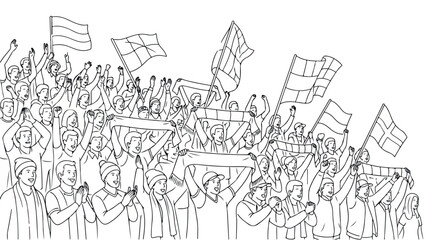 Fototapeta premium Line art stadium crowd cheering with flags and scarves, sports fans celebrating at a match, hand drawn vector illustration of a joyful audience isolated PNG with Transparent Background