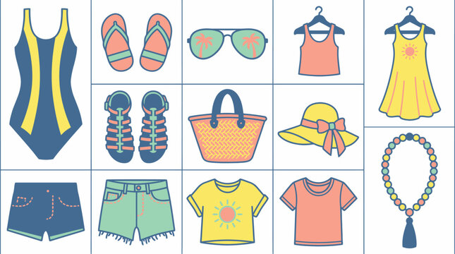 Collection of beachwear and summer accessories for a vacation
