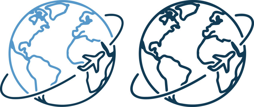 Two globes with airplane and orbit lines, one light blue and one dark blue