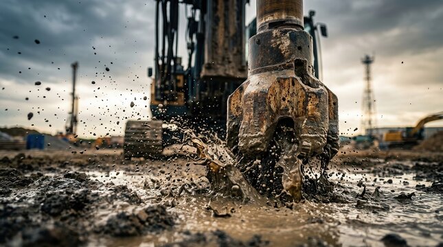 Large drilling rig splashing water and mud during borewell excavation at an industrial site.