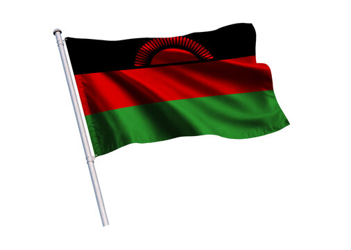 Waving flag of Malawi on a flagpole, isolated on a white background, 3d rendering, 3d illustration.