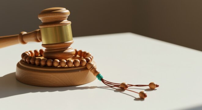 Wooden gavel and prayer beads on a bright white surface for legal ethics, religious law and judicial justice concepts with copy space and warm sunlit shadows