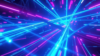 Obraz premium Abstract neon lights create dynamic tunnel effect. Vivid blue, magenta streaks converge toward distant point. Futuristic, energetic visual.