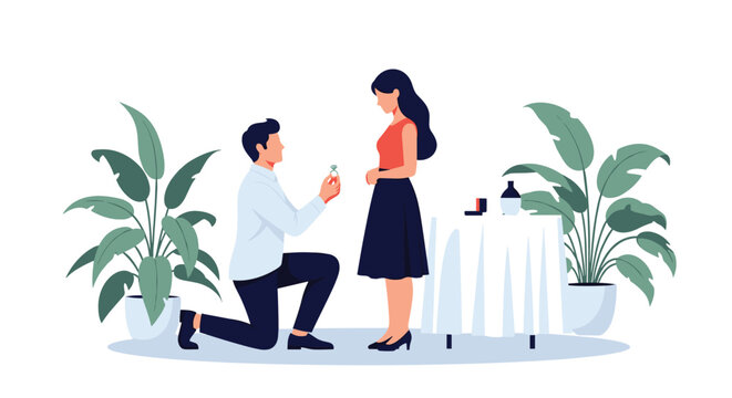 Romantic man kneels down to propose with an engagement ring to a surprised woman in a beautifully decorated restaurant.