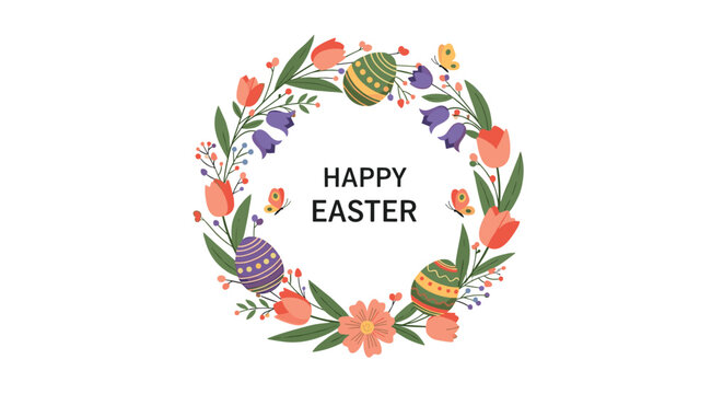 Colorful easter wreath made of spring flowers, butterflies, and decorated eggs surrounds the text happy easter on white.