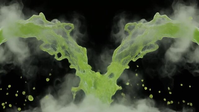 A dynamic 3D rendered slow-motion animation featuring vibrant lime green fluid and smoke erupting in twin fountain arcs.