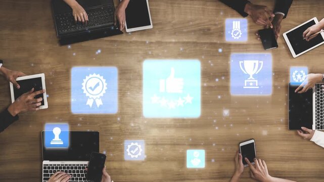 Quality approval and certification icons showing verified badge, standard check, award, trophy, inspection, rating, quality management, guarantee, trust, and compliance. Funnel