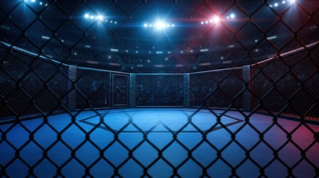 Empty MMA cage in a fighting championship arena under bright floodlights at night.
