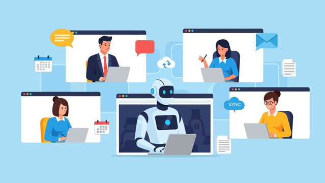 diverse team collaborating with ai bot in virtual online meeting