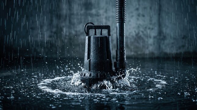 Submersible sump pump operating during heavy rain in a dark basement drainage pit.
