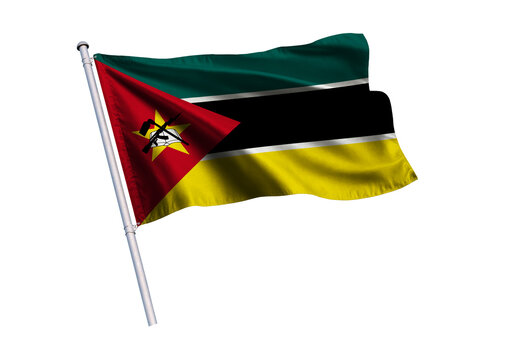 Waving flag of Mozambique on a flagpole, isolated on a white background, 3d rendering, 3d illustration.