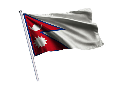 Waving flag of Nepal on a flagpole, isolated on a white background, 3d rendering, 3d illustration.