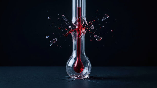 Broken glass thermometer with red liquid inside symbolizes economic crisis impact on petroleum industry and market instability