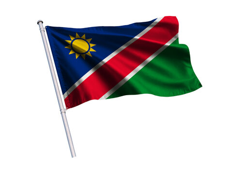 Waving flag of Namibia on a flagpole, isolated on a white background, 3d rendering, 3d illustration.