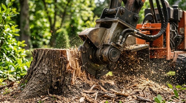 Stump grinder machine removing a tree stump with flying wood chips.