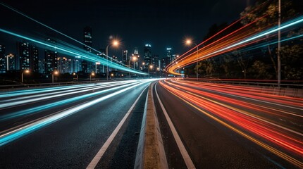 Obraz premium Dynamic car motion trails with colorful speed light streaks on a city road at night.