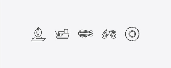 transportation outline icon set. thin line sailboat, fishing boat, quad, all terrain icons. editable vector © Farahim