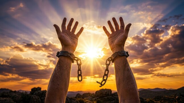 Hands reaching toward a vibrant sunset sky with broken chains symbolizing freedom and hope.
