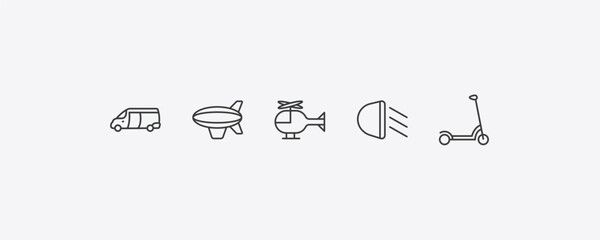 transportation outline icon set. thin line van, blimp, car lights, kick scooter icons. editable vector © Farahim