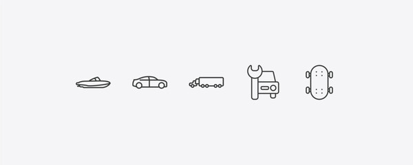 transport outline icon set. thin line houseboat, sedan, car repair, longboard icons. editable vector © Farahim