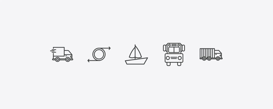 transport outline icon set. thin line shipping and delivery, recirculation, school van, trucking icons. editable vector