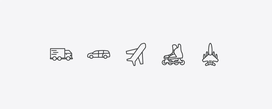transportation outline icon set. thin line free transport, minivan, inline skates, military airplane icons. editable vector