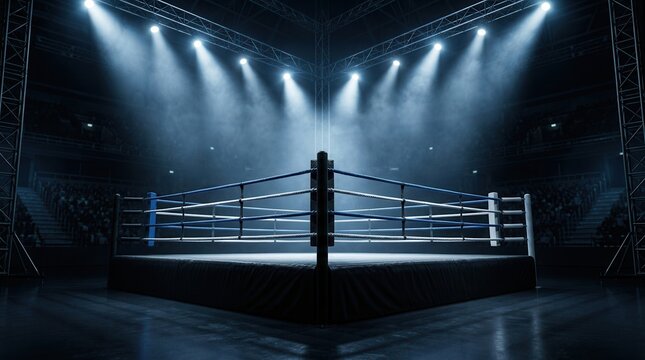 An empty boxing ring stands under bright spotlights in a large dark arena.