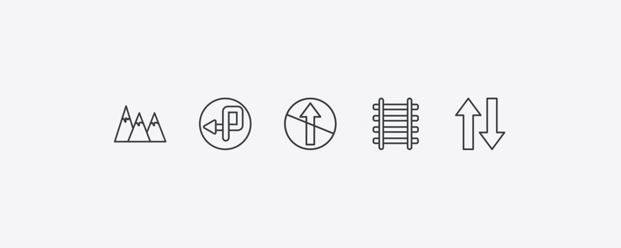 traffic signs outline icon set. thin line hill, degree curve road, railway, two ways icons. editable vector